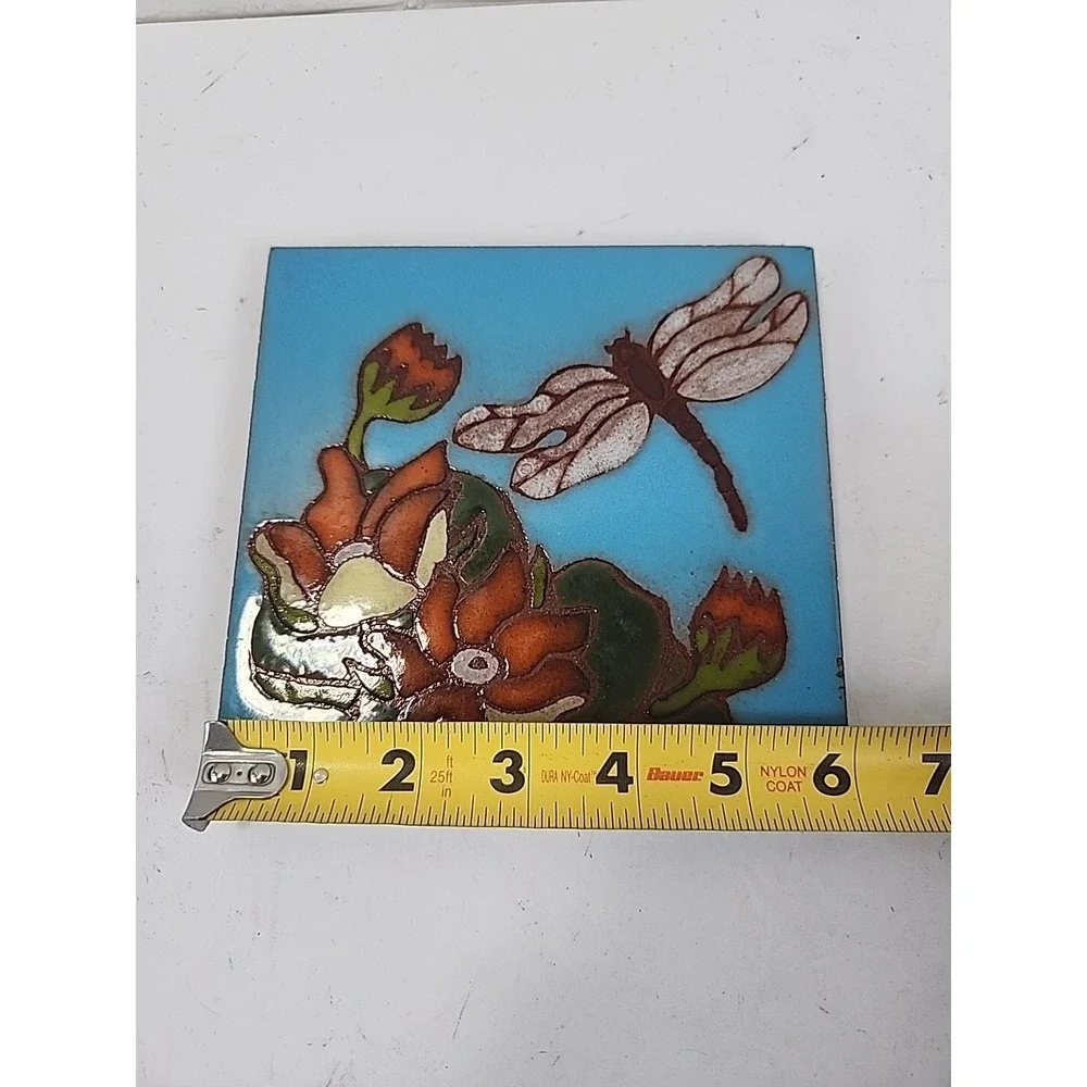 Dragonfly and Flowers Hand Painted Clay Tile Art w Fired Glazed Finish 6x6